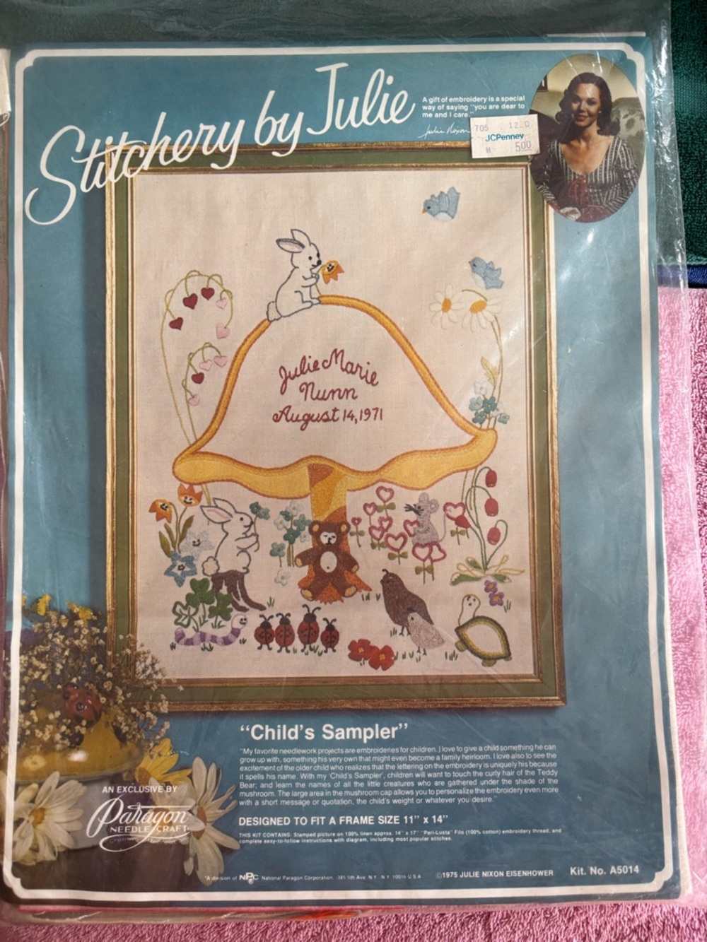 Stitchery by Julie Child's Sampler Embroidery Panel - Yellow Mushroom Motif